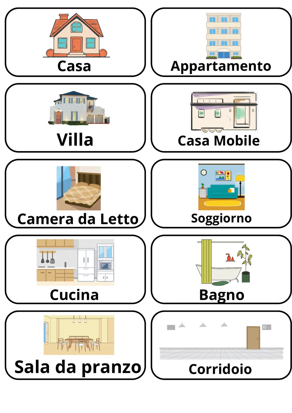 Italian flashcards 1–10: casa (house), appartamento (apartment), villa, and seven more home and room words