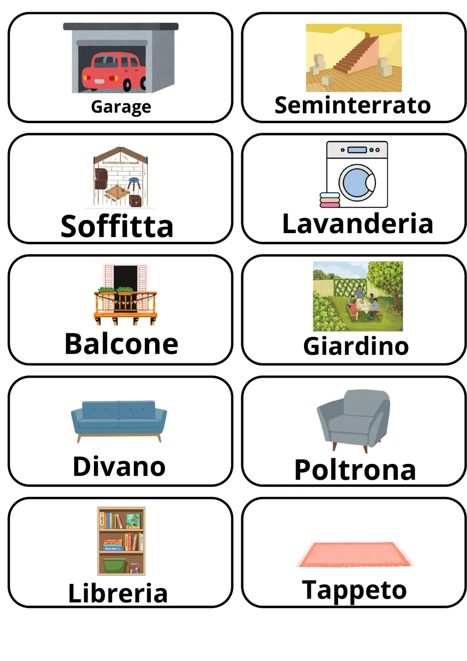 Italian flashcards 11–20: soffitta (attic), balcone (balcony), divano (sofa), and seven more household words