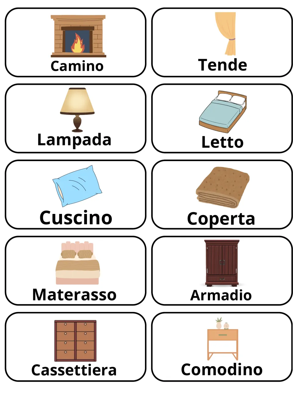 Italian flashcards 21–30: camino (fireplace), letto (bed), cuscino (pillow), and seven more furnishing words