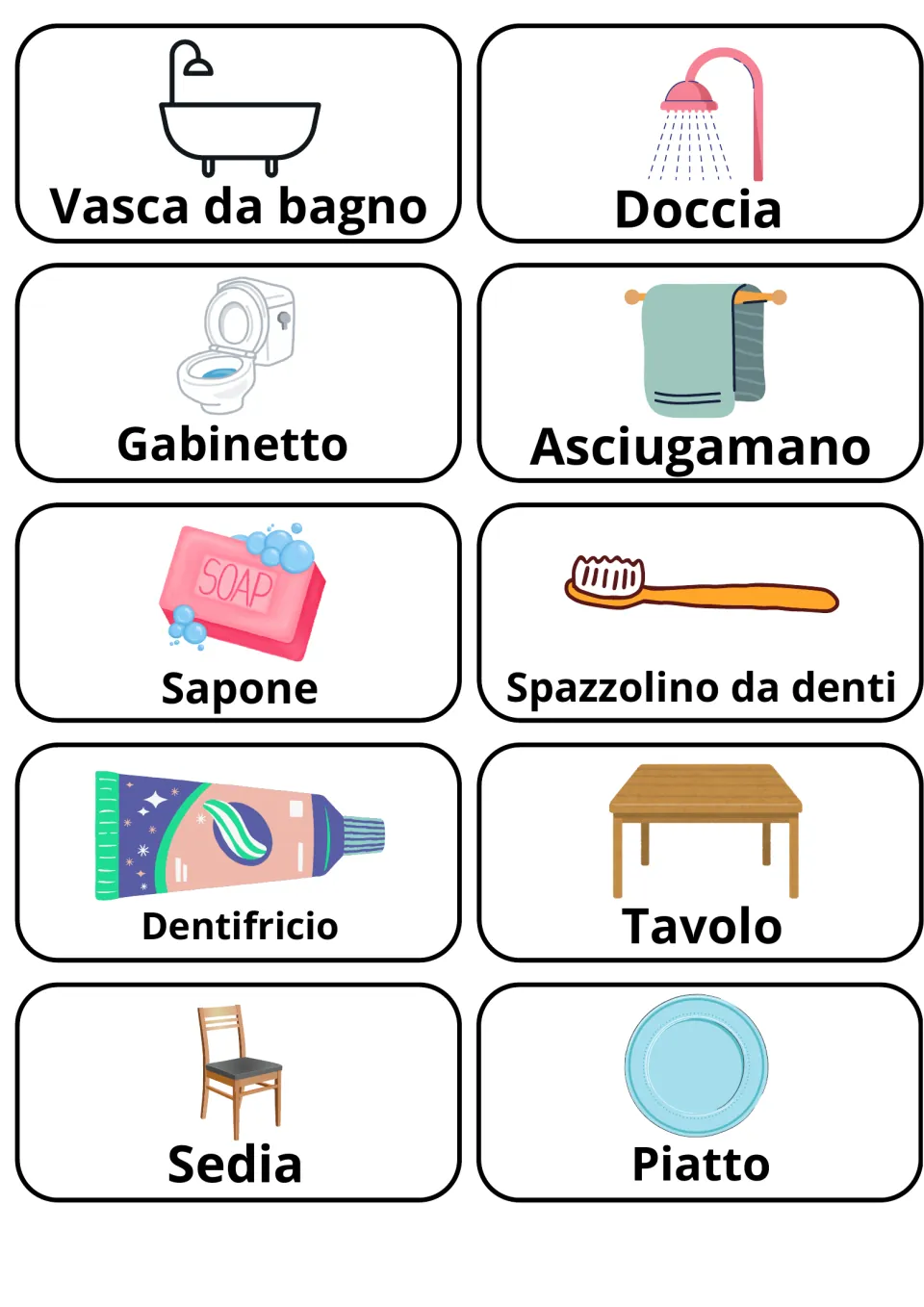 Italian flashcards 41–50: doccia (shower), sapone (soap), sedia (chair), and seven more bathroom and dining words