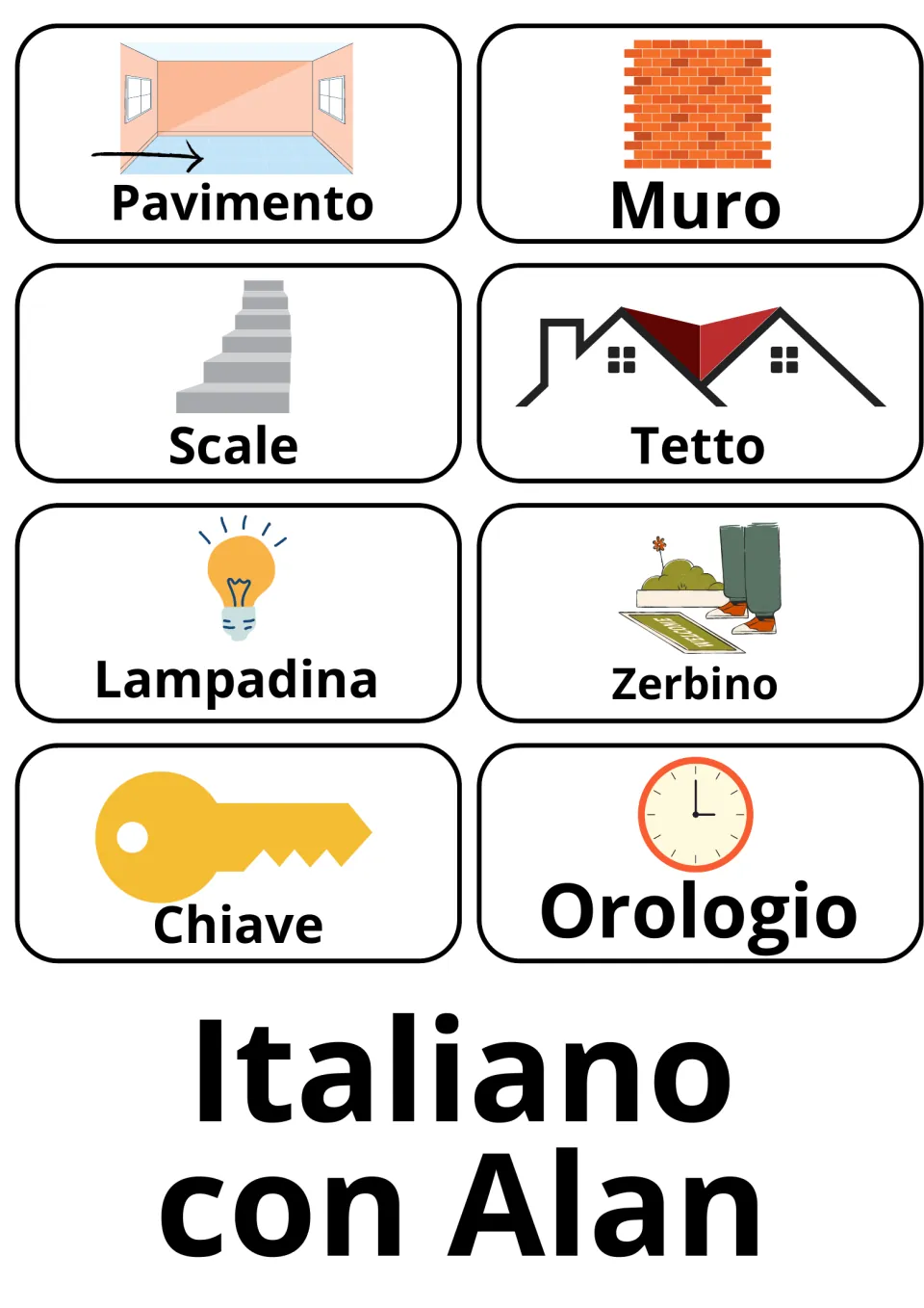 Italian flashcards 61–68: pavimento (floor), muro (wall), scale (stairs), and five more home vocabulary words