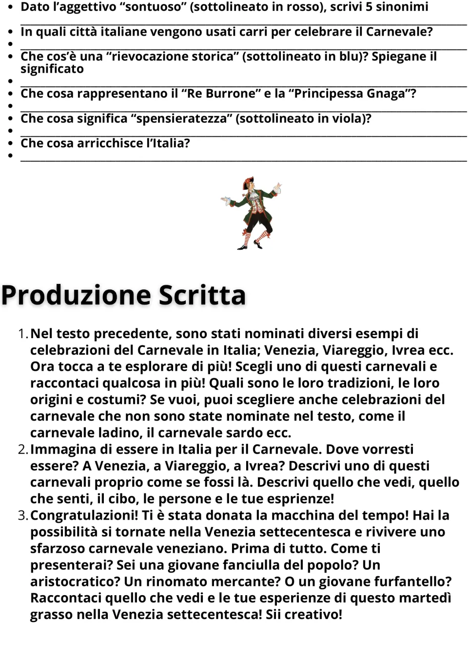 Vocabulary and comprehension questions on Carnevale, then Produzione Scritta with three prompts for Italian writing