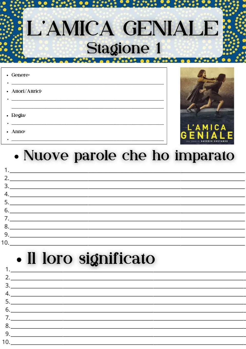 Series overview and vocabulary page: genre, cast, director, year, and 10 new Italian words with meanings