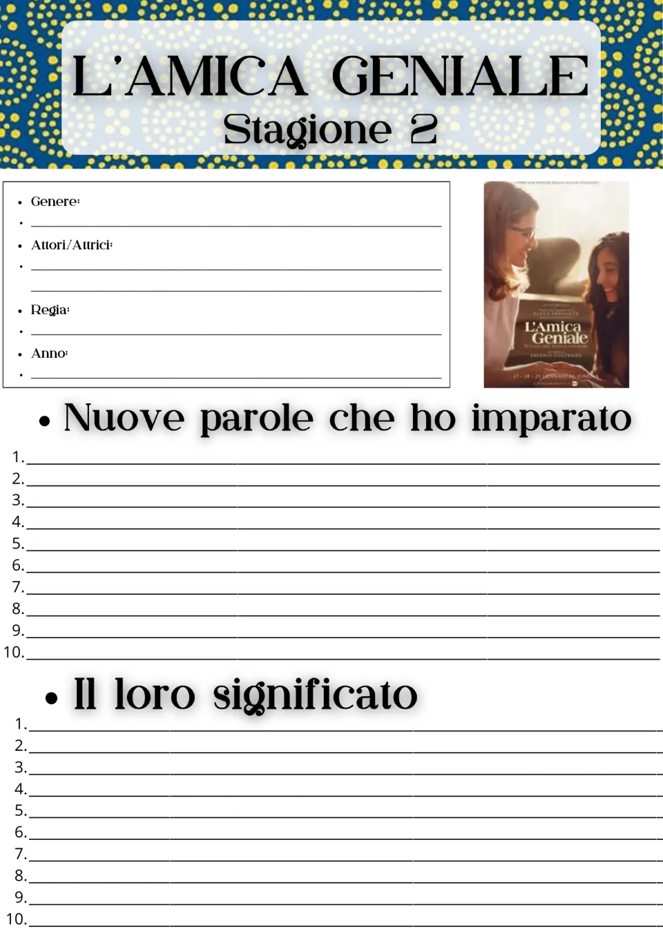 Series overview and vocabulary worksheet: genre, cast, director, year, and 10 new Italian words and meanings.