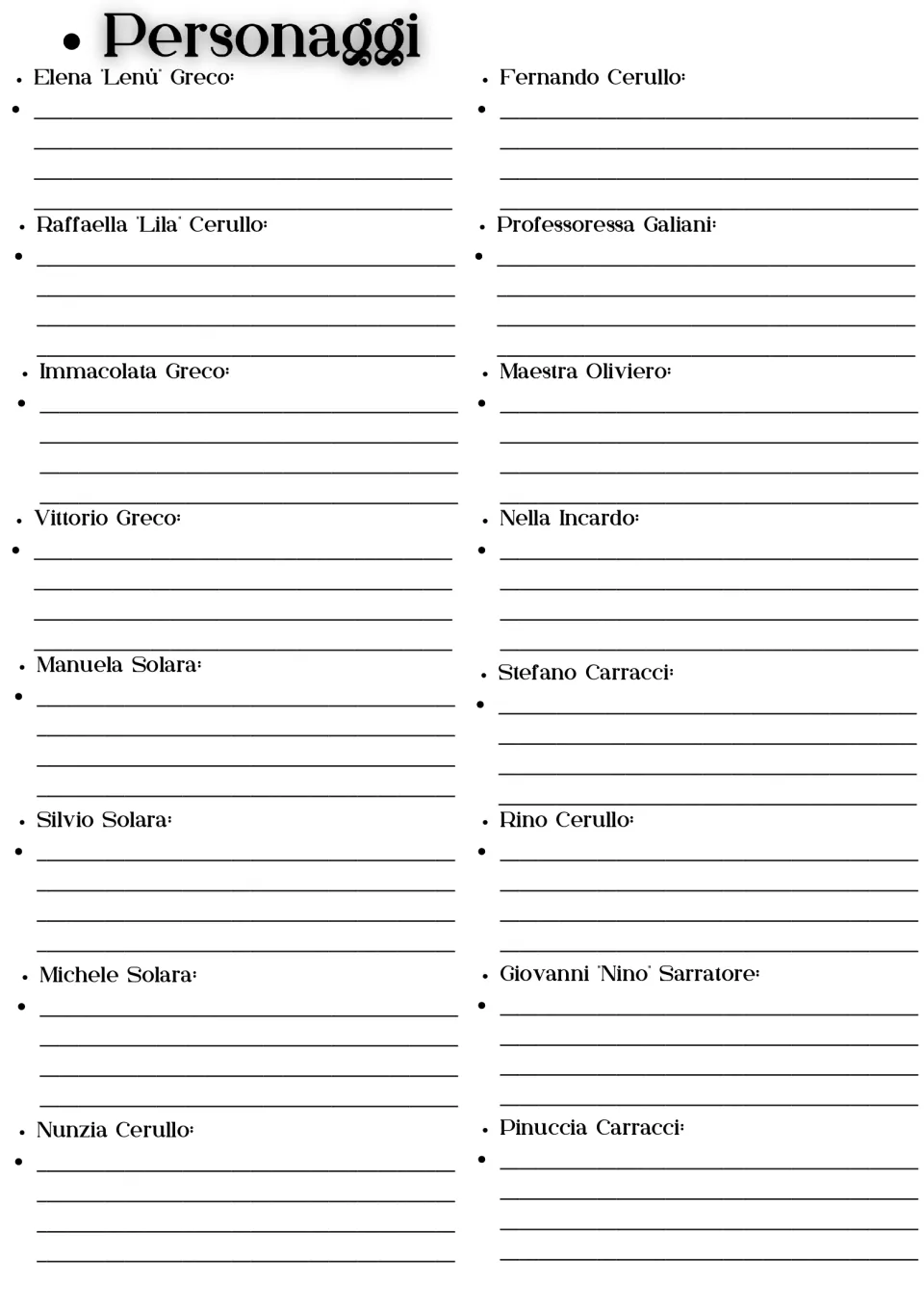 Character description worksheet for 16 characters, including Elena 'Lenù' Greco and Raffaella 'Lila' Cerullo.