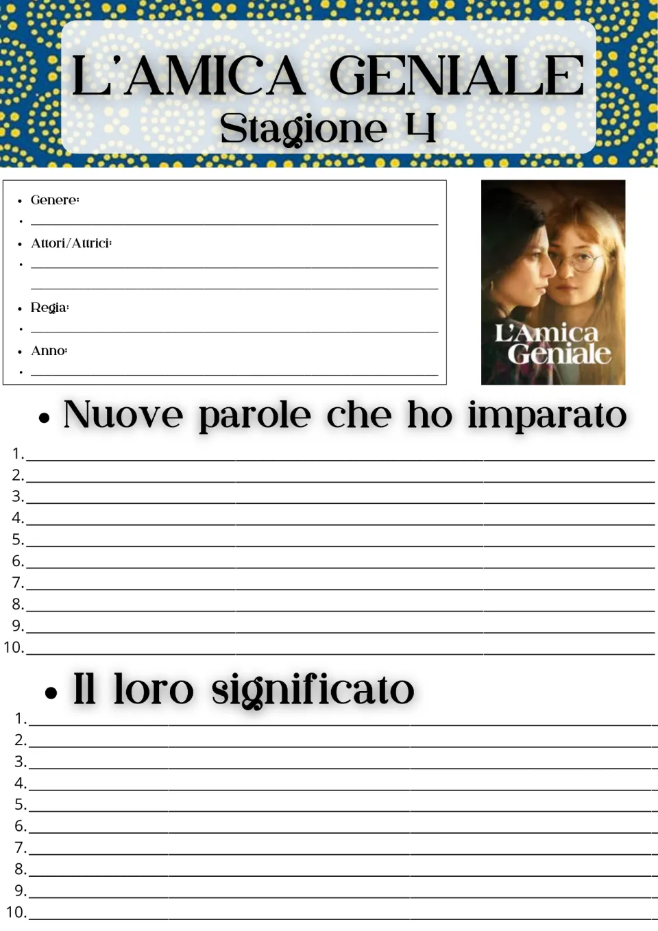 Opening activity sheet: series genre, actors, director, year, and 10 new Italian words and their meanings.