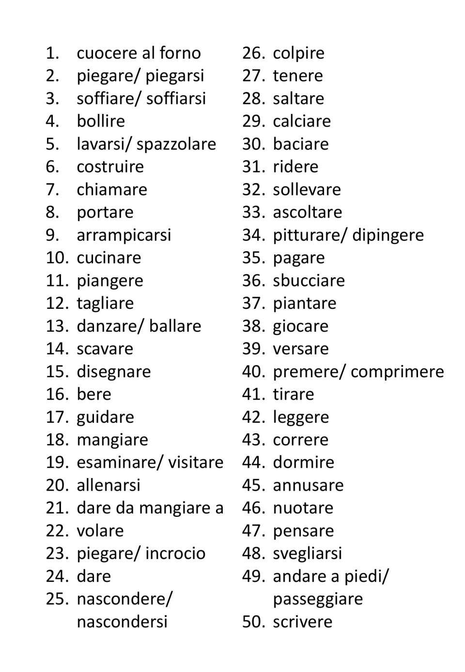 Italian reference list for 50 verb flashcard groups, from cuocere al forno (bake) to scrivere (write)