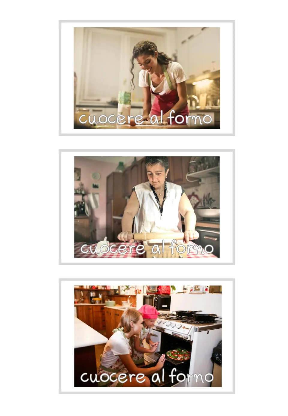 Three Italian verb photo cards labeled cuocere al forno (bake), showing dough preparation and oven use