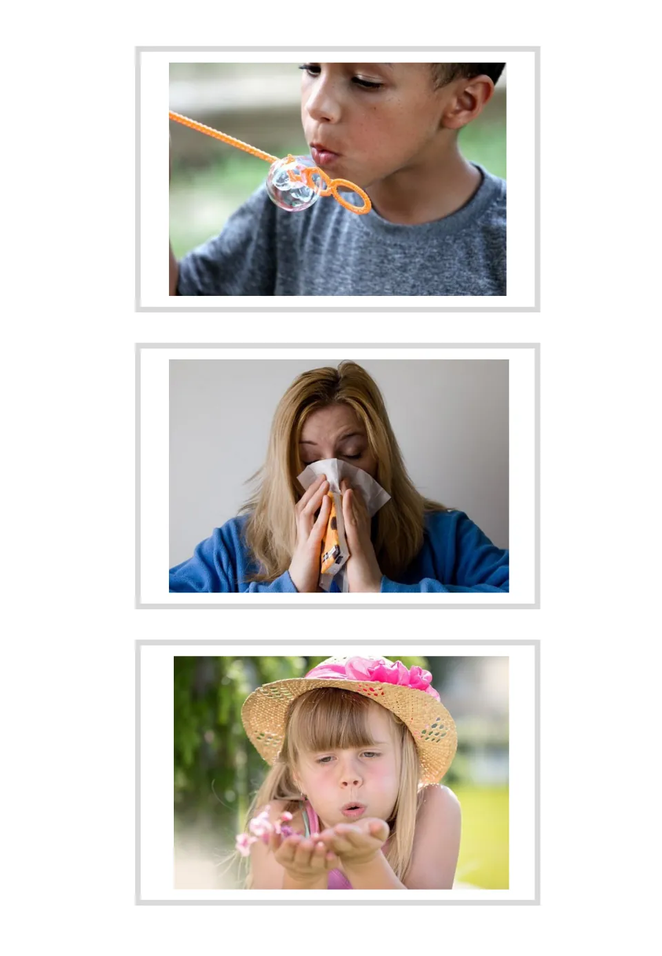 Three unlabeled blow vocabulary photo cards: blowing bubbles, blowing a nose and blowing petals from hands
