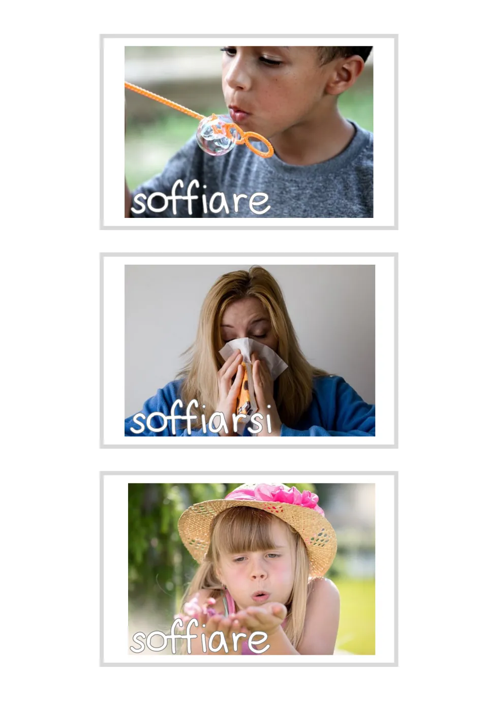 Italian blow photo cards: soffiare (blow) for bubbles and petals, and soffiarsi for a woman blowing her nose