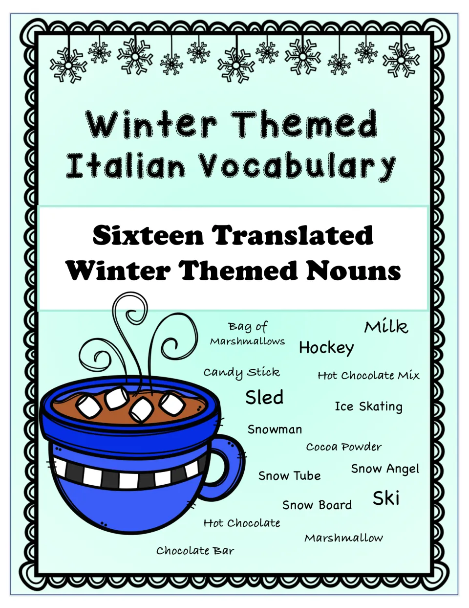Italian winter vocabulary packet cover introducing 16 translated winter terms, including sled and snowman