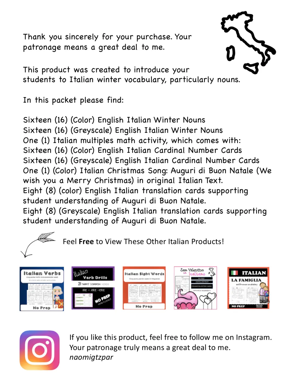 Packet introduction listing winter vocabulary cards, a multiples math activity, number cards and a Christmas song