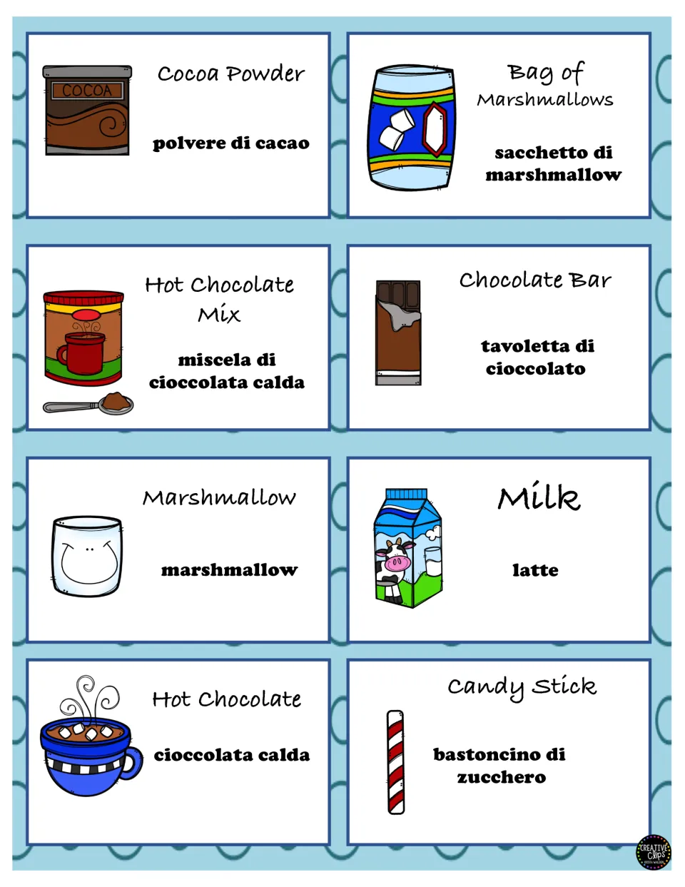 Color Italian vocabulary cards 1–8: latte (milk), hot chocolate, cocoa powder and five more illustrated terms