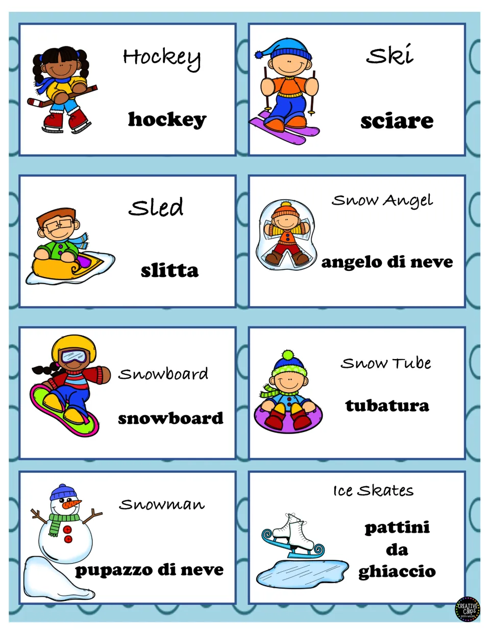 Color Italian vocabulary cards 9–16: slitta (sled), hockey, snow angel and five more illustrated winter terms