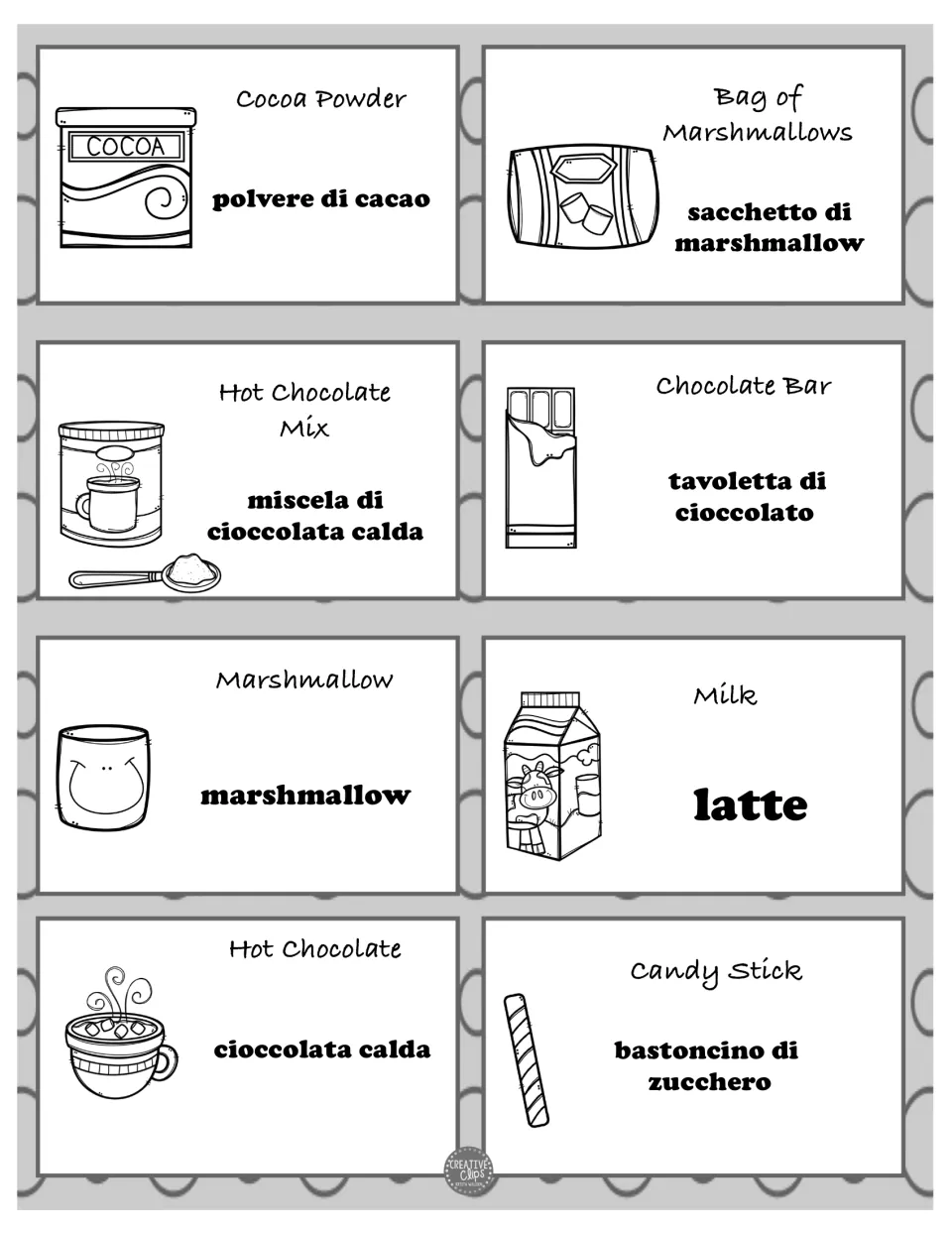Grayscale Italian vocabulary cards 1–8: latte (milk), marshmallow, chocolate bar and five more illustrated terms