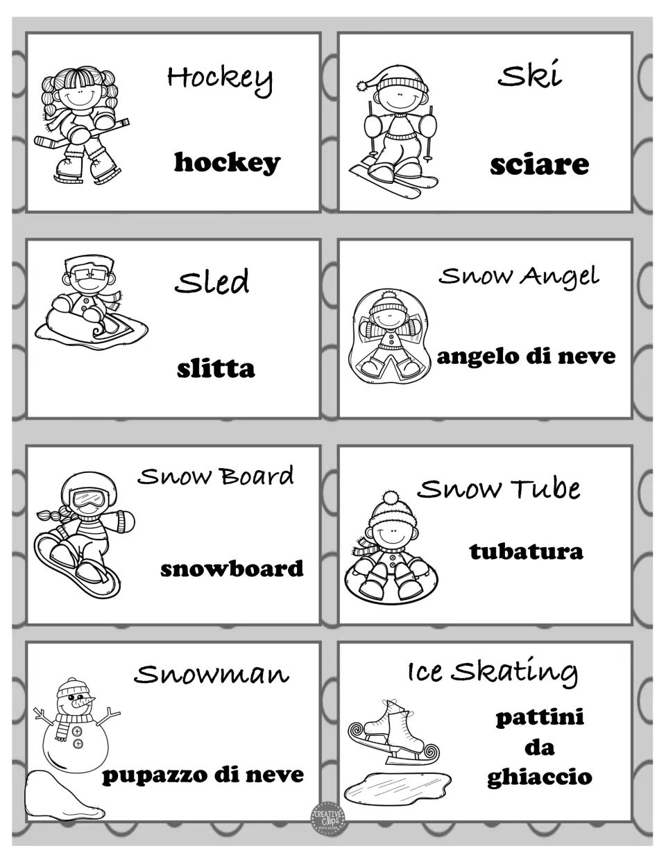 Grayscale Italian vocabulary cards 9–16: slitta (sled), snowman, hockey and five more illustrated winter terms
