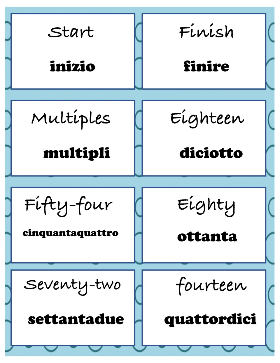 Color Italian math cards 1–8: start, finish, multipli (multiples), and the numbers 18, 54, 80, 72 and 14