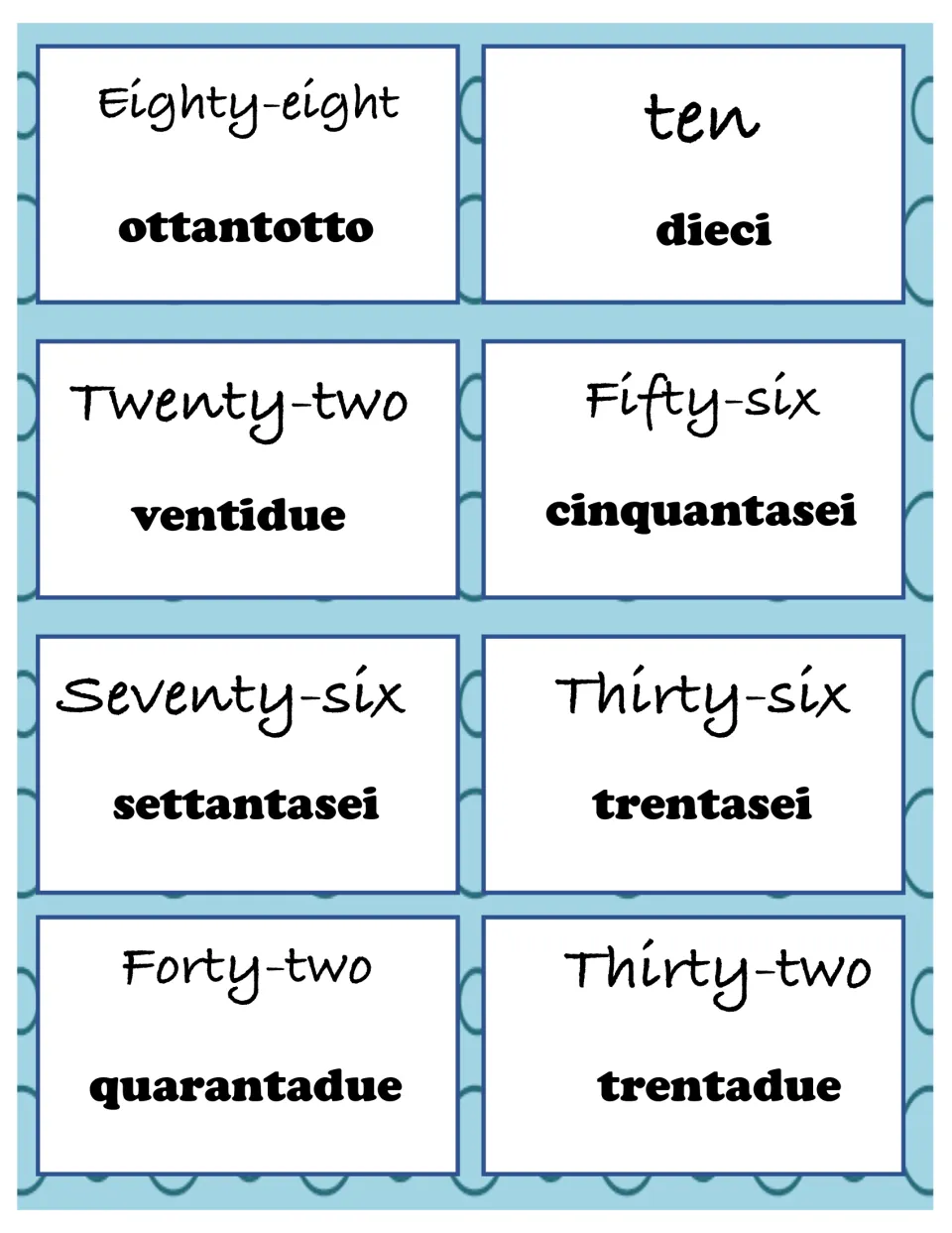 Color Italian math cards 9–16: ottantotto (88), dieci (10), and the numbers 22, 56, 76, 36, 42 and 32