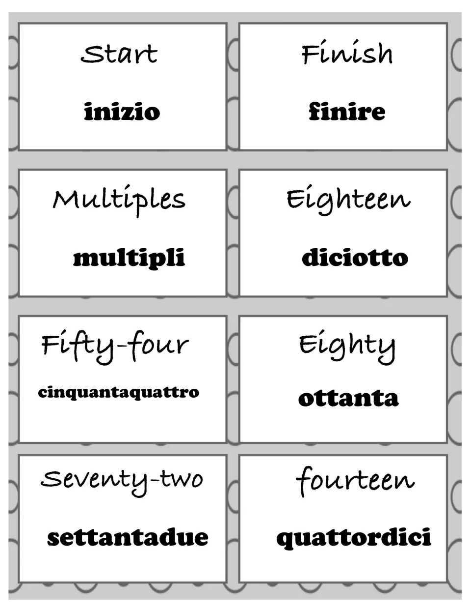 Grayscale Italian math cards 1–8: start, finish, multipli (multiples), and the numbers 18, 54, 80, 72 and 14