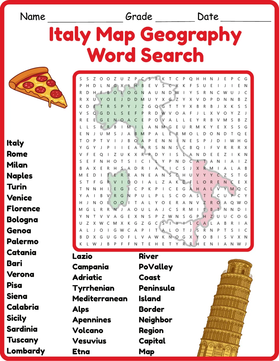 Color Italy geography word search featuring 40 terms, including Rome, Sicily, Alps, and Mediterranean.