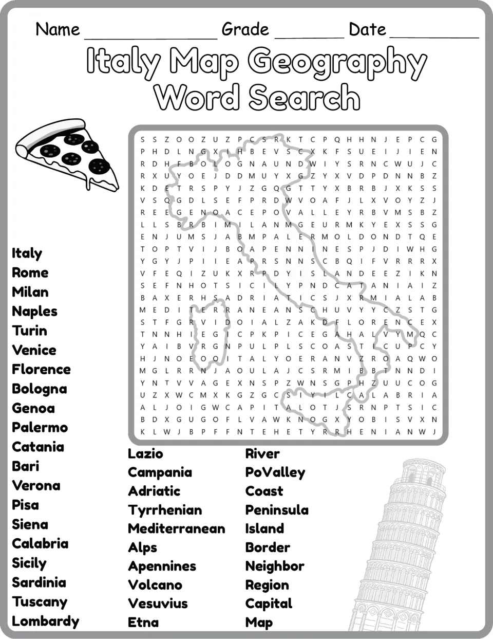 Black-and-white Italy geography word search featuring 40 terms, including Venice, Sardinia, and Volcano.