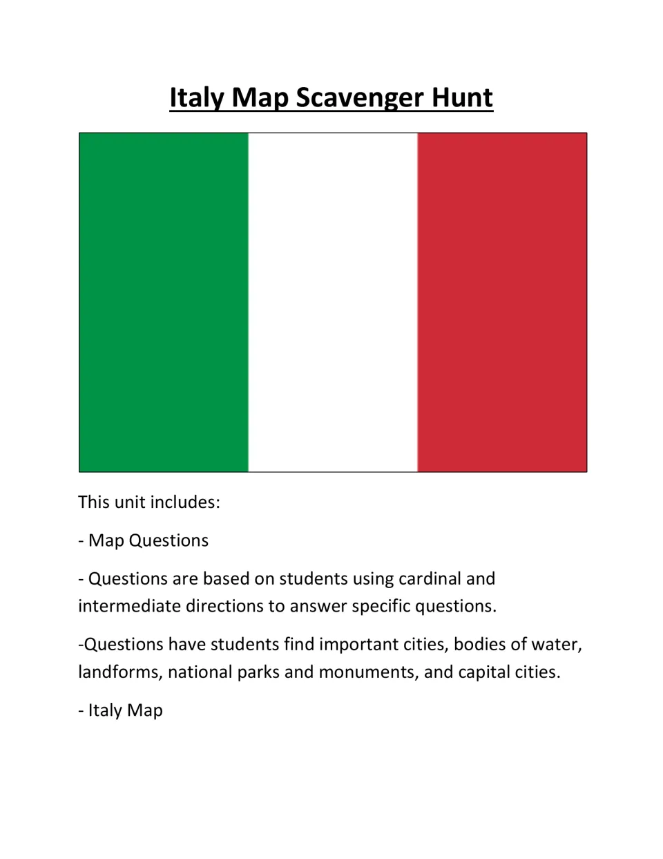 Cover of the Italy Map Scavenger Hunt, listing map questions, direction practice, and an included Italy map.