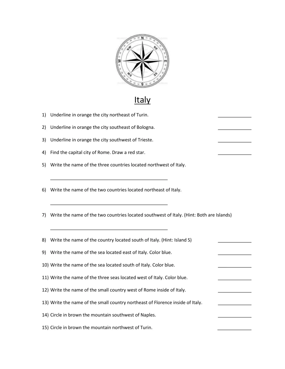 Scavenger hunt questions 1–15 ask students to locate Italian cities, nearby countries, seas, and mountains.