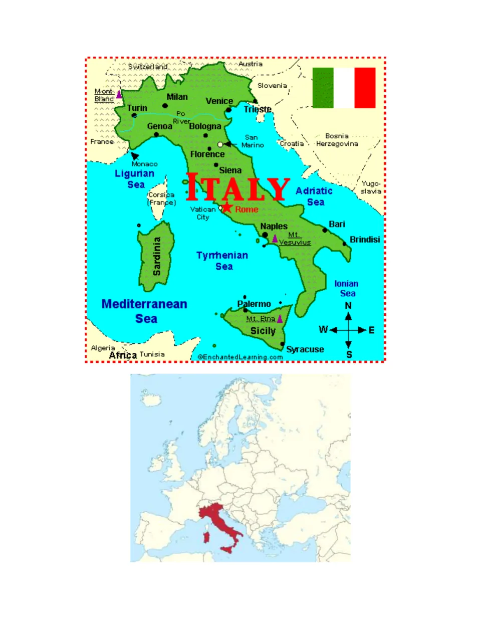Reference maps for the scavenger hunt label Italy's cities, seas, and mountains and show Italy in Europe.