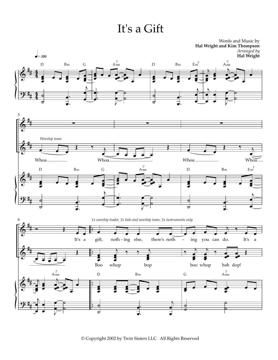 It's a Gift sheet music, bars 1-10: piano intro in D, worship team "Whoa" part and verse "It's a gift, nothing else"