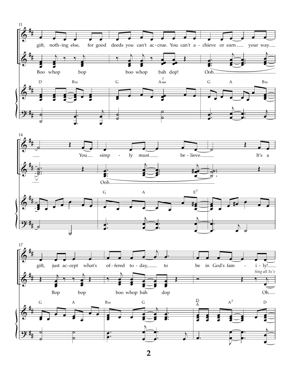 Song score bars 11-19: verse "You can't achieve or earn your way" with "Boo whop bop" and "Ooh" backing vocals