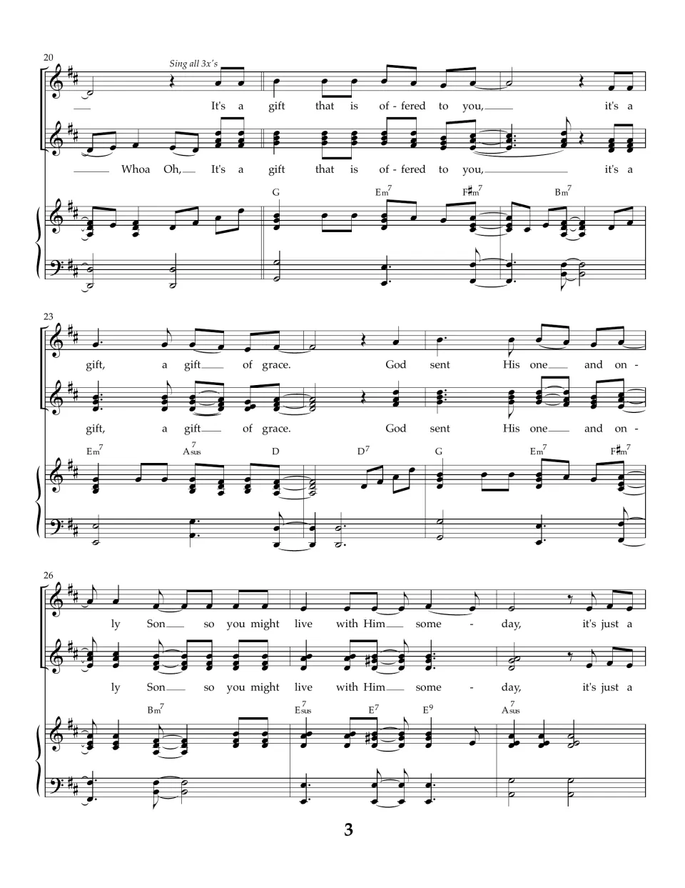 Song score bars 20-28: chorus "It's a gift that is offered to you, a gift of grace" in two vocal parts with piano