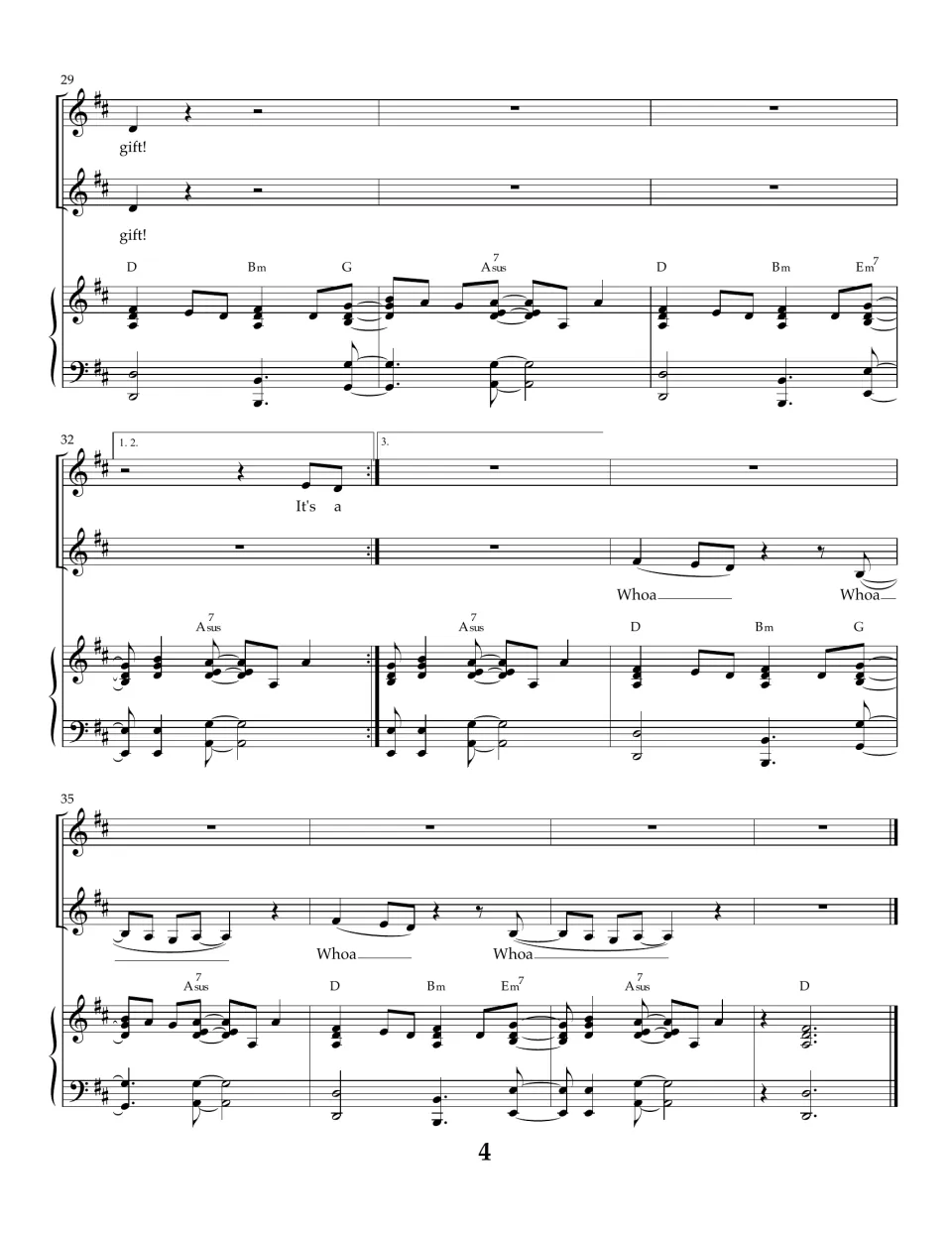 Song score bars 29-38: final "gift!", first and second endings, then "Whoa" outro over piano ending on a D chord