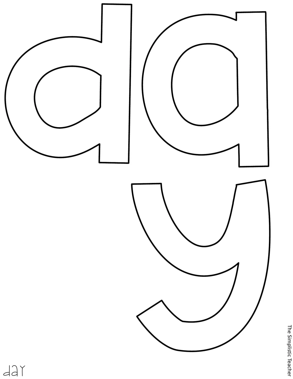 Three black-line letter cutouts, d, a, and y, spell “day” for the classroom bulletin board or door display