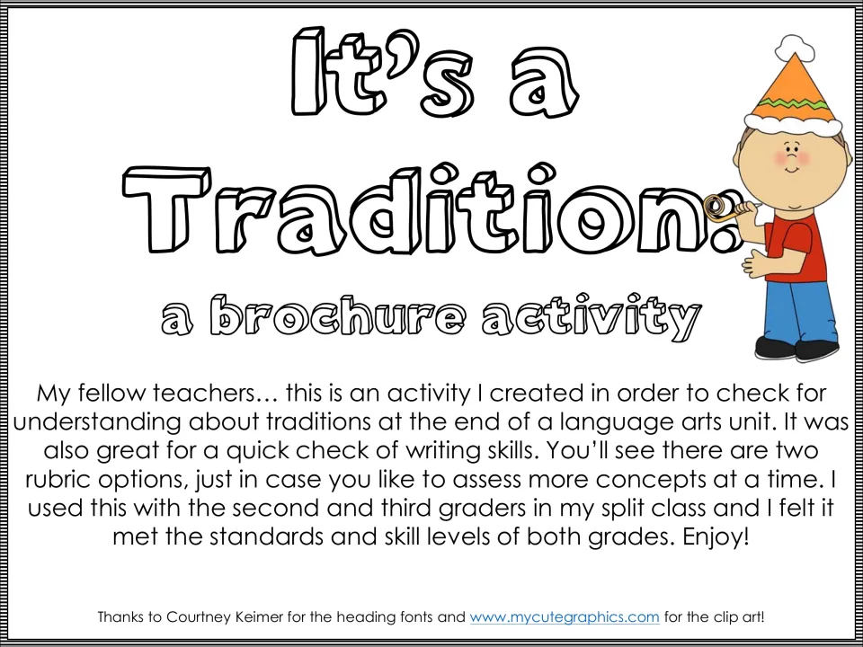 Traditions brochure cover with a teacher note on checking tradition understanding and writing skills, with two rubrics
