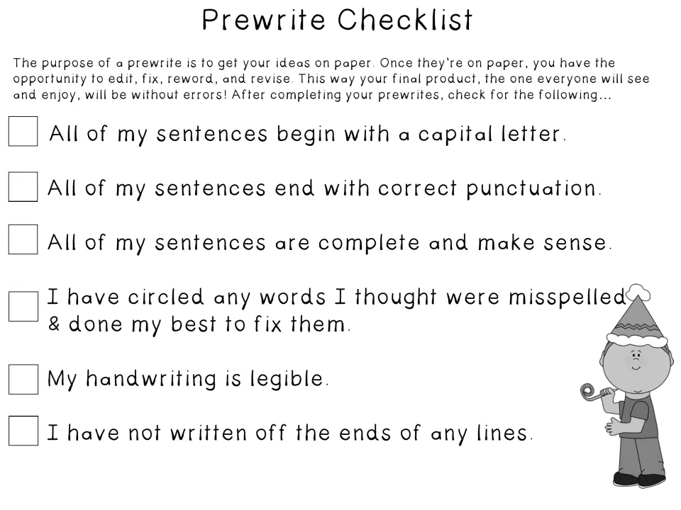 Prewrite checklist: students check capitals, end punctuation, complete sentences, circled misspellings and neat handwriting
