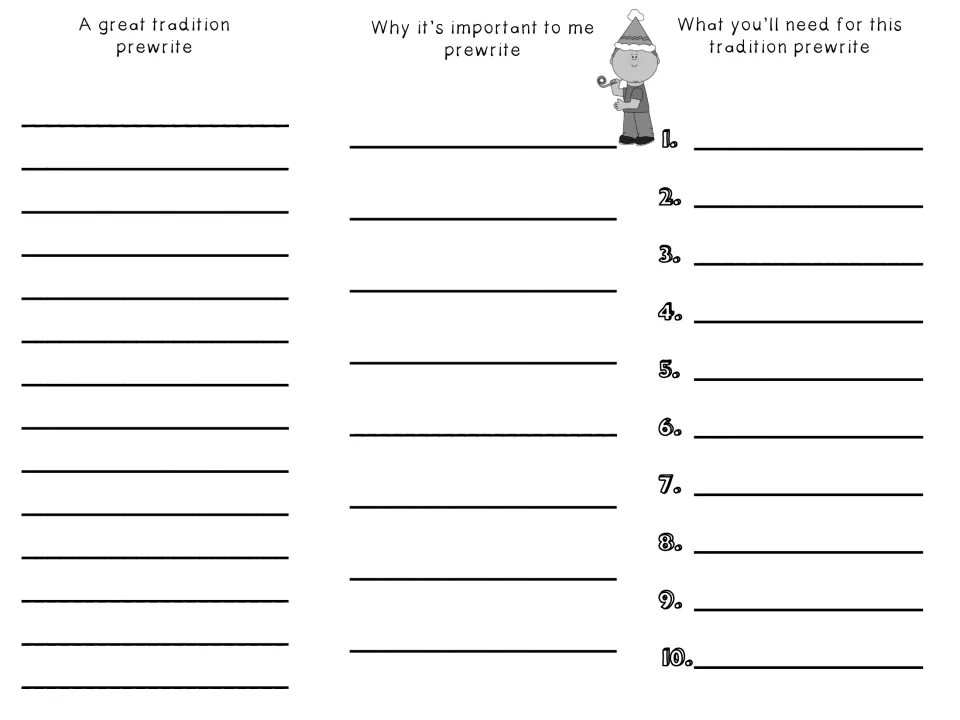 Tradition prewrite: students draft a great tradition, why it is important to them and a numbered list of 10 things needed