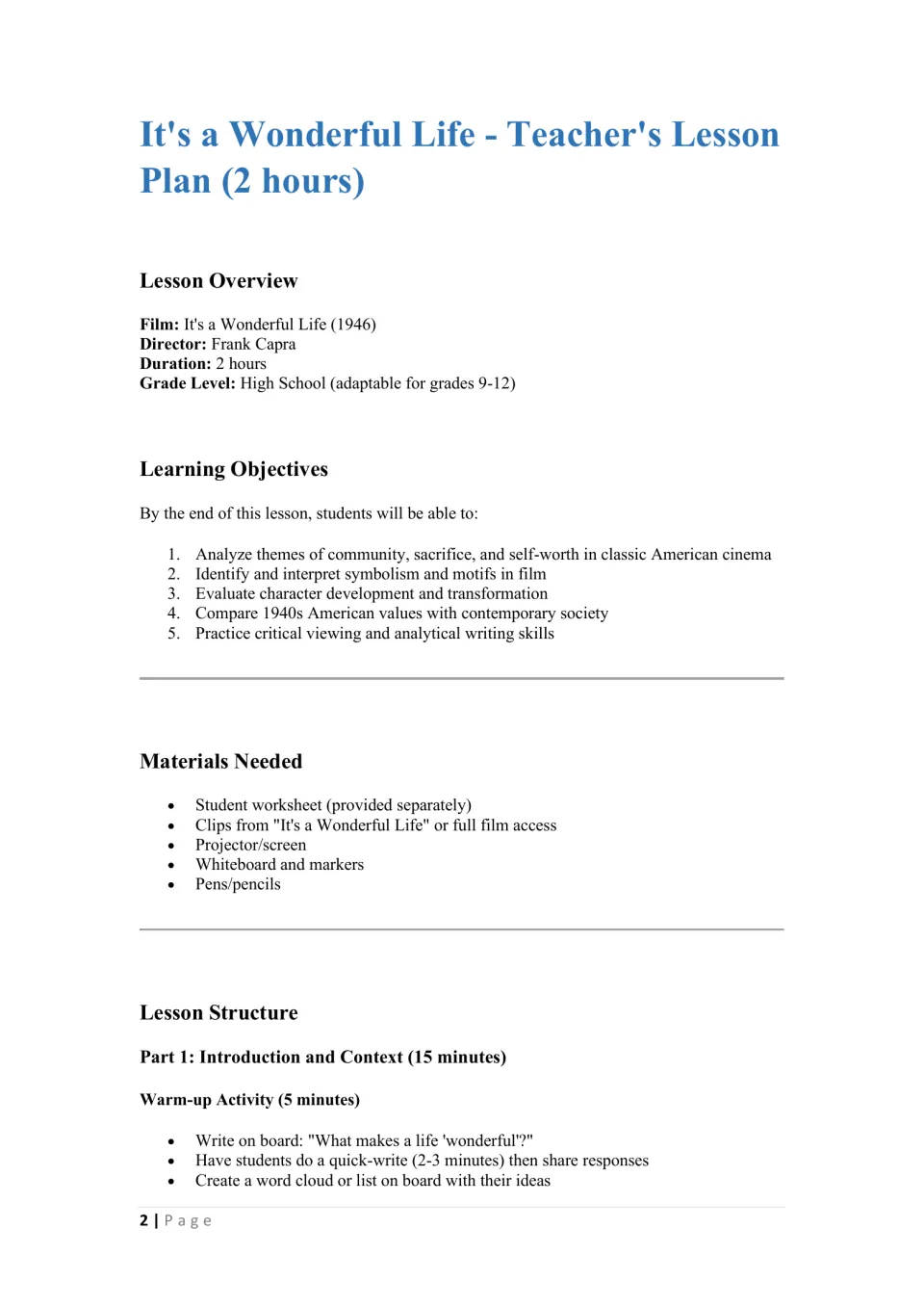 Lesson plan overview for the 1946 Capra film: objectives, materials and a quick-write on what makes a life wonderful