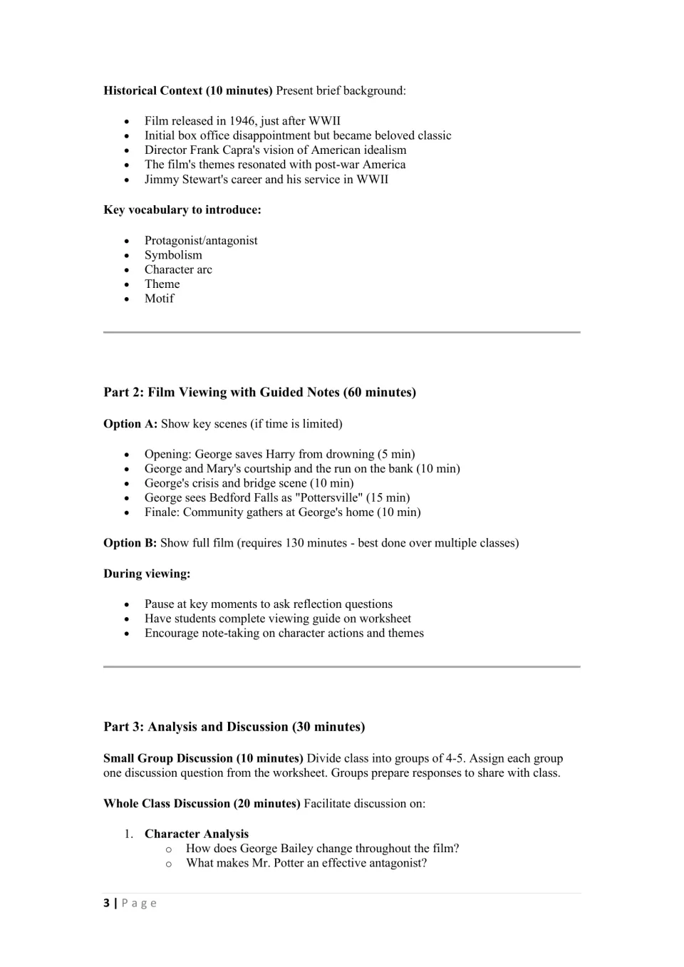 Historical context and film vocabulary, then key-scene or full-film viewing options and group discussion steps