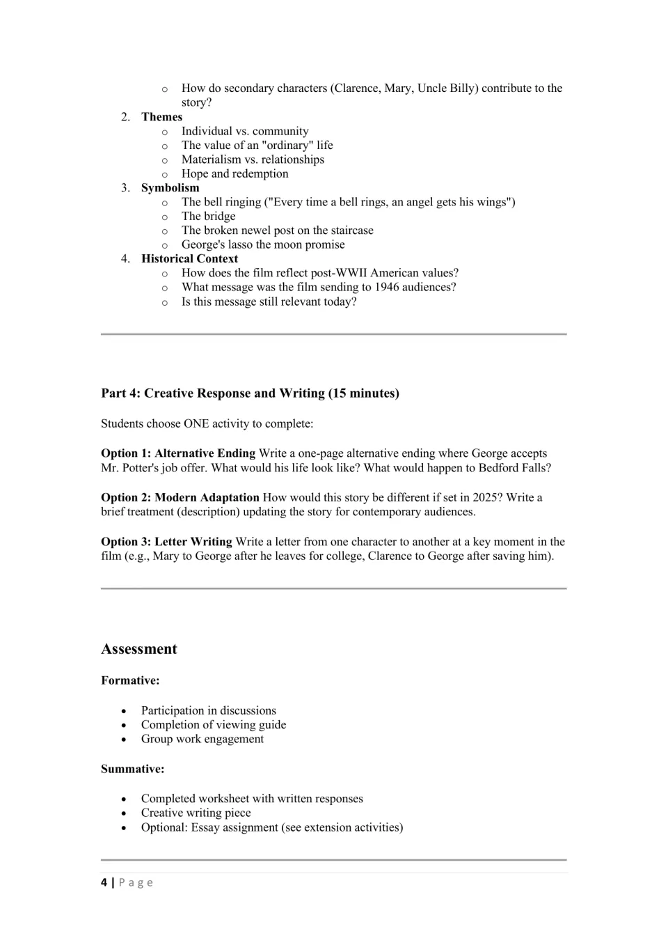 Discussion prompts on themes, symbols such as the bell and bridge, three creative writing choices and assessment criteria