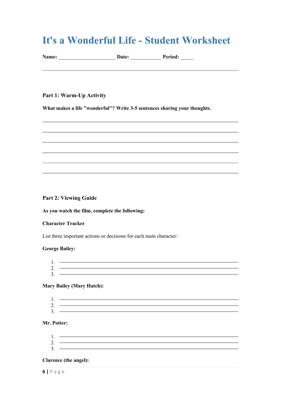 Student worksheet: students write on what makes a life wonderful, then track key actions of George, Mary and Potter
