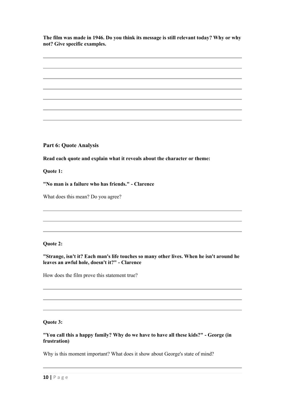 Then-and-now relevance question and quote analysis: students explain three film quotes from Clarence and George