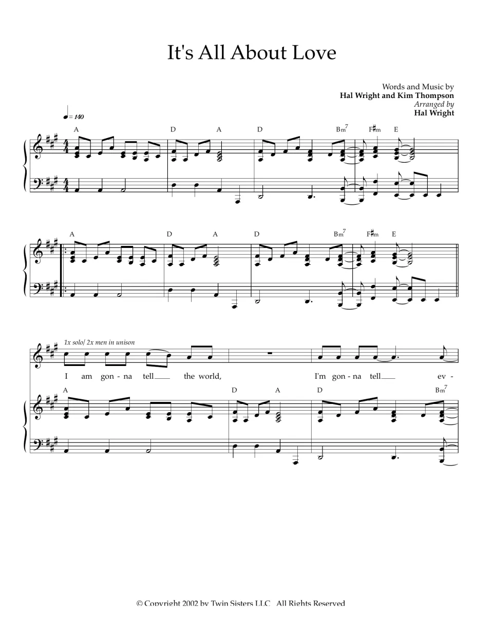 It's All About Love, page 1: piano intro in A major at 140 bpm, then vocal line opens "I am gonna tell the world"