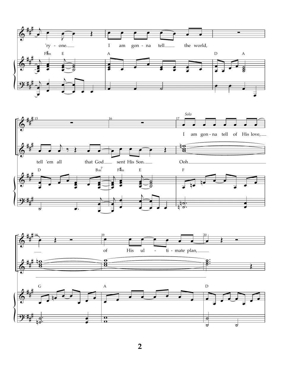 Song score page 2: verse repeats "I am gonna tell the world", then a solo "tell of His love" over an "Ooh" part