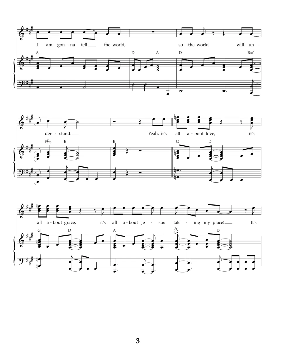 Song score page 3: verse ends "so the world will understand", then the chorus on love, grace and Jesus taking my place