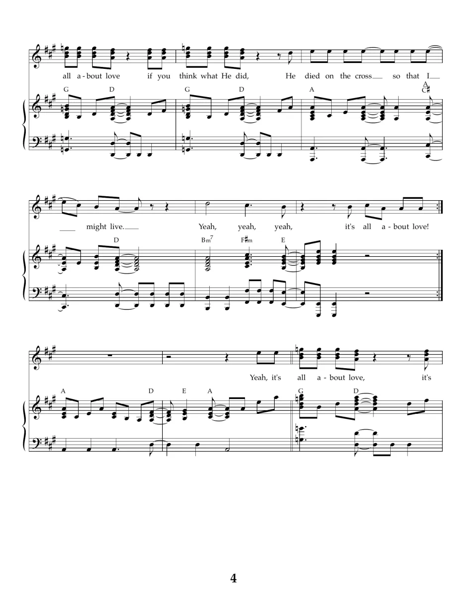 Song score page 4: chorus lines "He died on the cross so that I might live", "Yeah, yeah, yeah" and a repeat sign