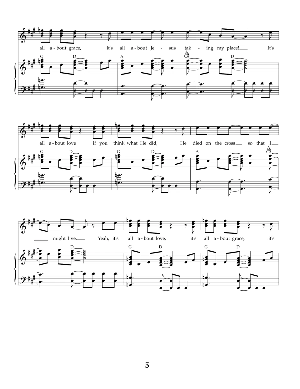Song score page 5: second chorus in harmony with chords G, D, A and A/C#, repeating grace and the cross lyrics