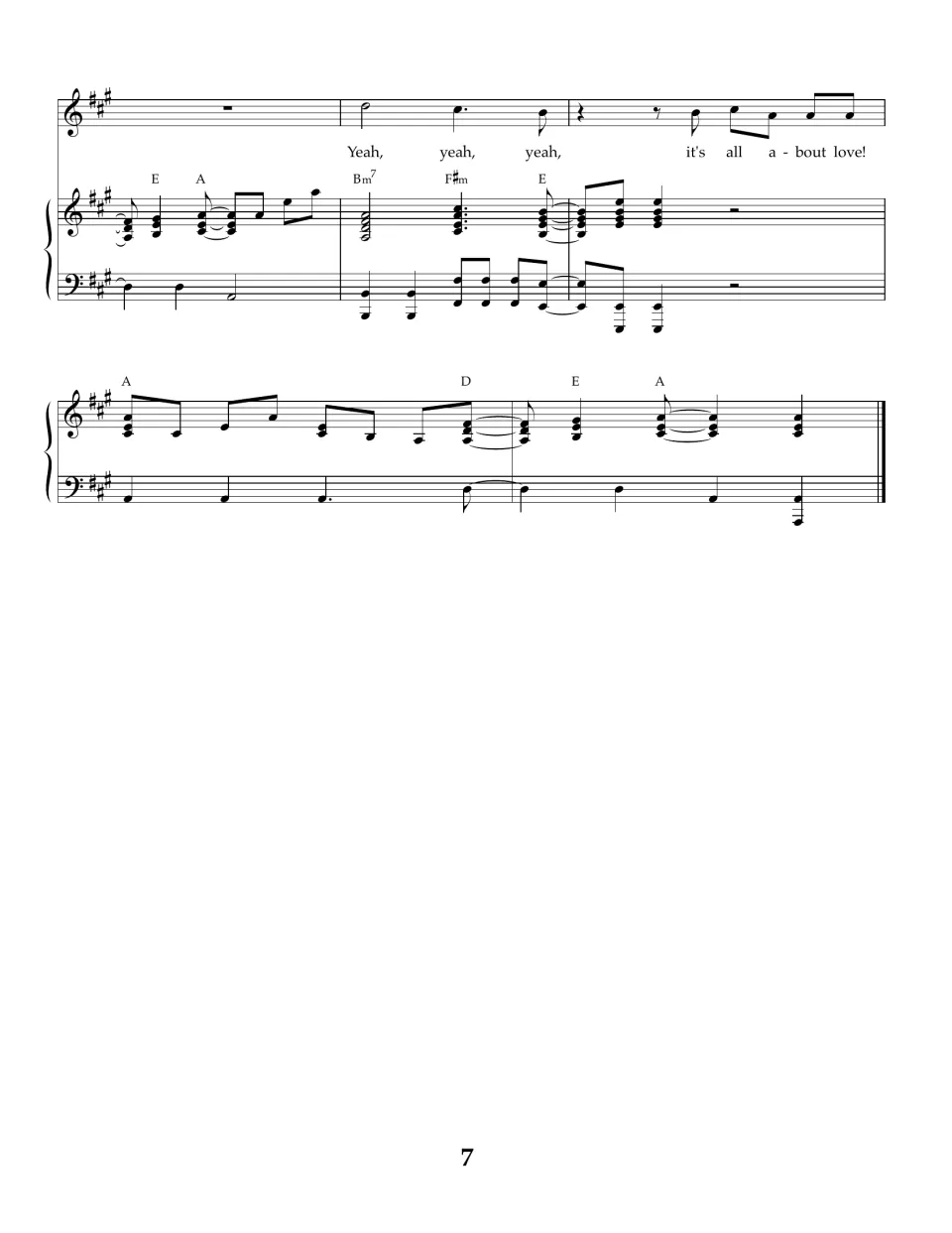 Song score page 7, the ending: last vocal "Yeah, yeah, yeah" phrase, then a piano outro closing on an A chord