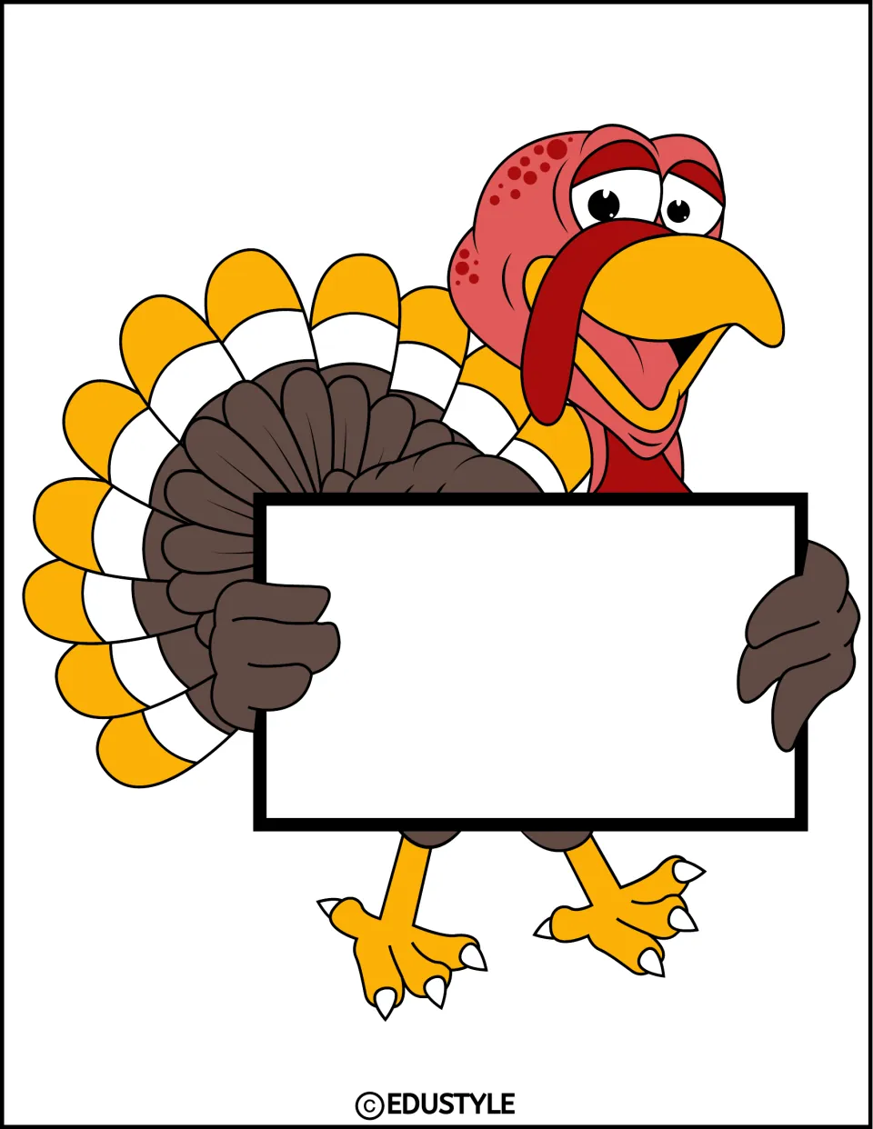 Turkey cutout holding a blank sign for the Thanksgiving bulletin board or door decor, with space for a name