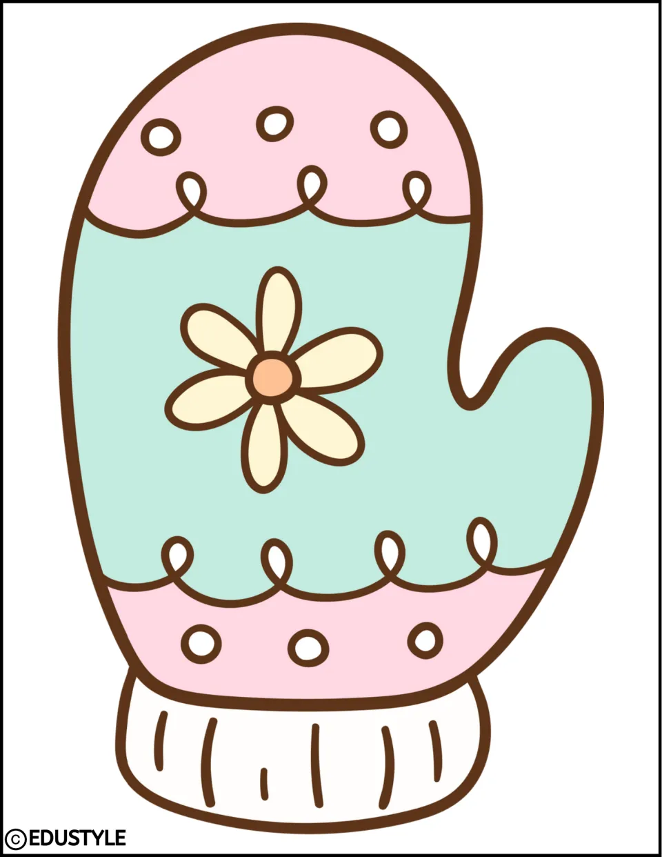 Winter decoration: a pastel pink and mint mitten with a cream flower and white cuff to cut out and display