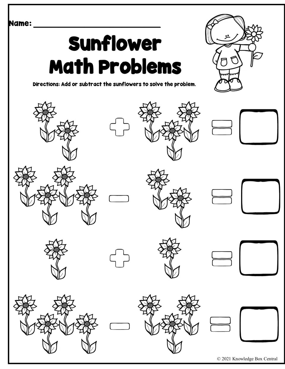 Sunflower Math Problems: students count sunflower pictures to add or subtract in four picture equations within 5